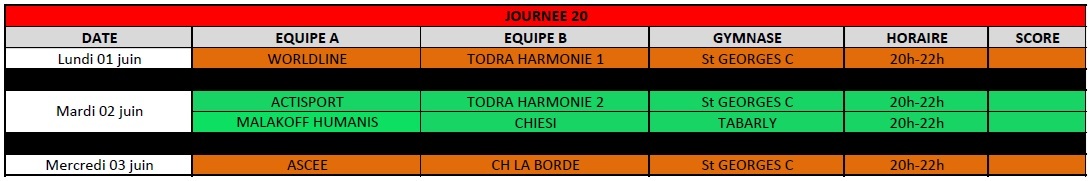 Calendrier Championnat UFOLEP de Futsal 2025-2026 - J20