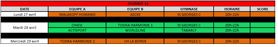 Calendrier Championnat UFOLEP de Futsal 2025-2026 - J16