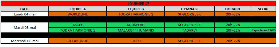 Calendrier Championnat UFOLEP de Futsal 2025-2026 - J17