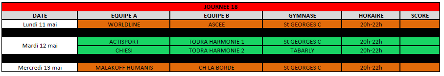 Calendrier Championnat UFOLEP de Futsal 2025-2026 - J18