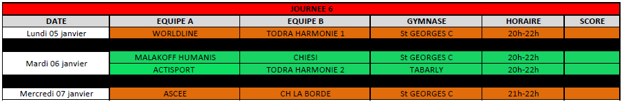 Calendrier Championnat UFOLEP de Futsal 2025-2026 - J6