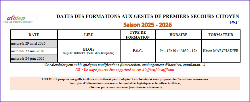 Calendrier PSC UFOLEP 41 - Avril &agrave; Juin 2026