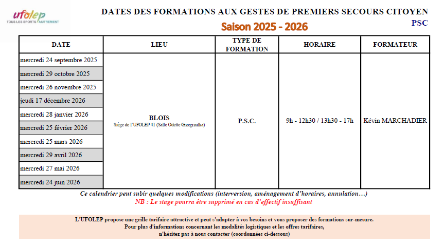 Calendrier PSC UFOLEP 41 - Septembre 2024 à Juin 2026