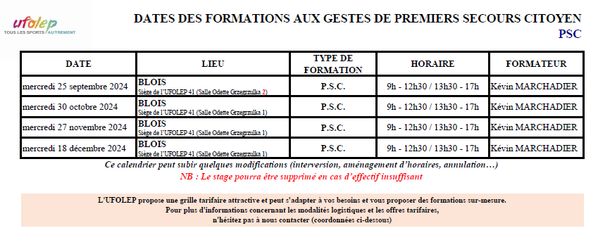 Calendrier PSC UFOLEP 41 - Septembre à Décembre 2024