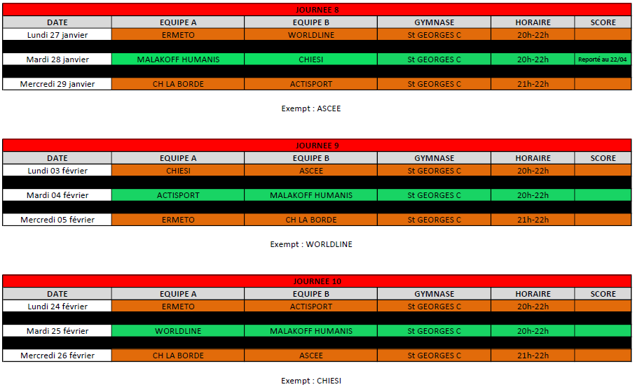 Calendrier Futsal 2024-25 - Journées 8 à 10 - Janvier-Février 2025