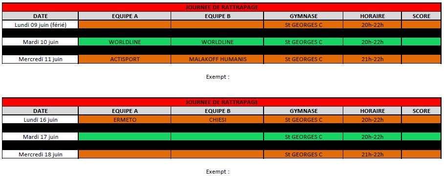 CALENDRIER Journées de rattrapage fin de saison