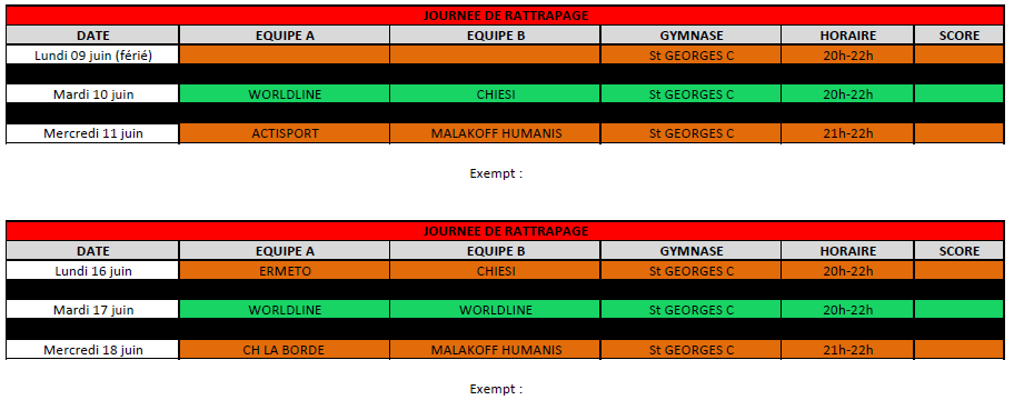 CALENDRIER Journées de rattrapage fin de saison