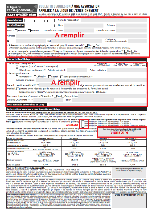 Comment remplir la fiche d'affiliation 2018/2019